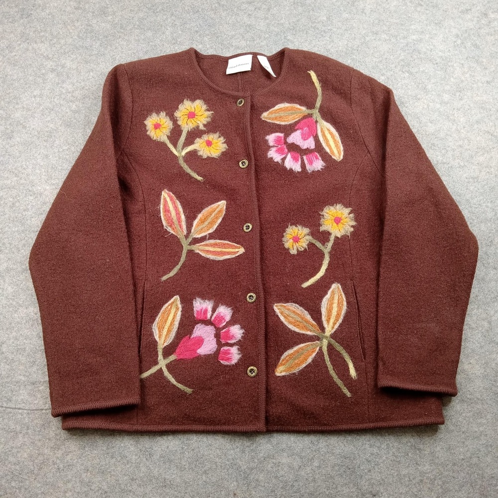 Alfred Dunner Sweater‎ Womens Large Brown Wool Floral Cardigan Button Front